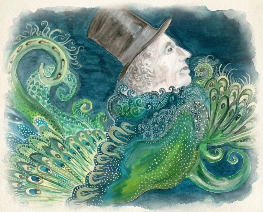 Watercolour portrait of Hans Christian Andersen with peacock plumage
