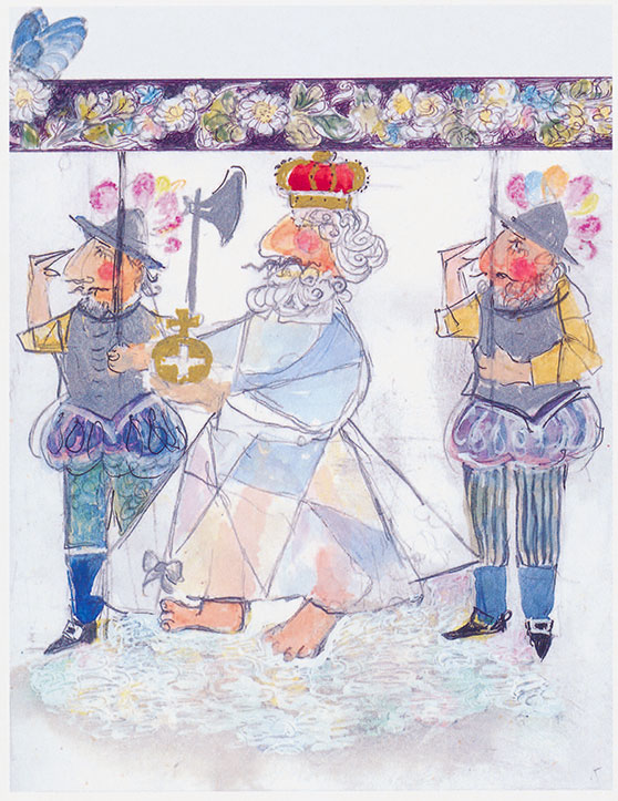 Akvarelillustration af Kejserens nye klæder af Marius Guldager