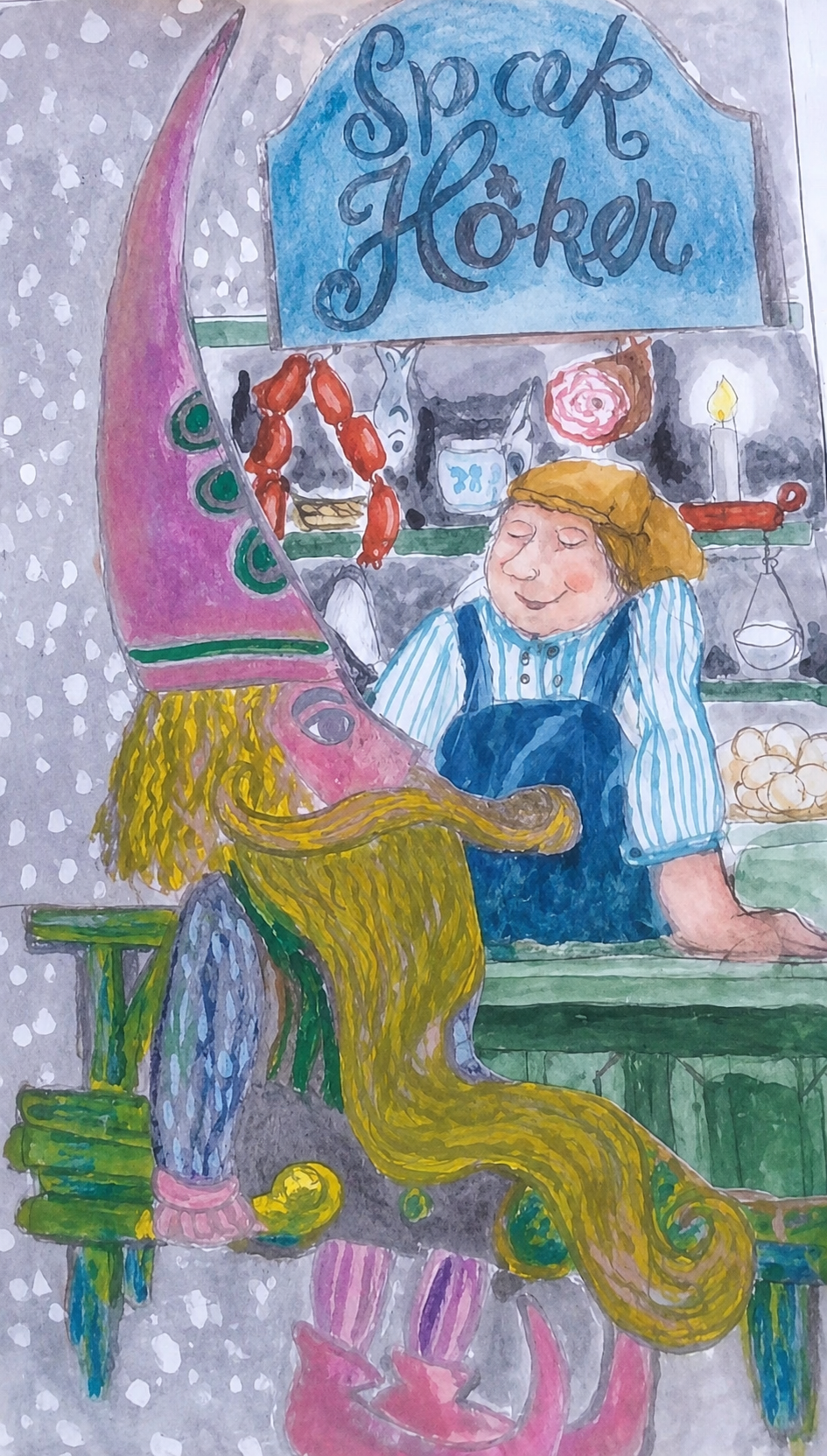 Akvarelillustration af Nissen hos spækhøkeren af Marius Guldager