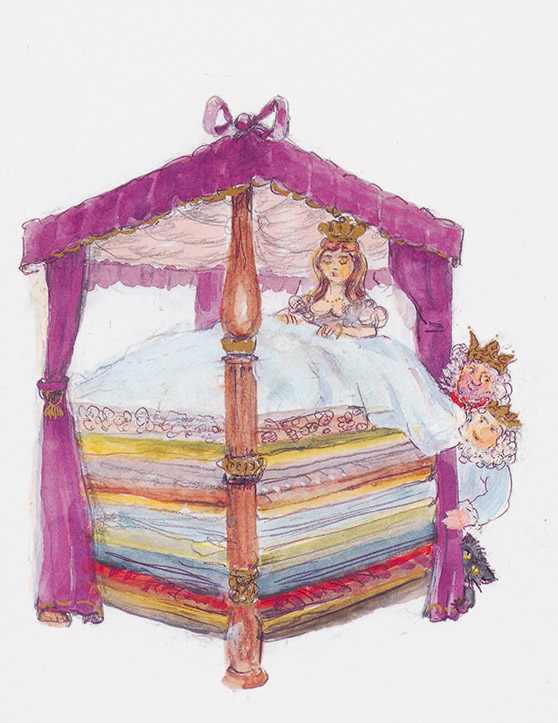 Akvarelillustration af Prinsessen på ærten af Marius Guldager