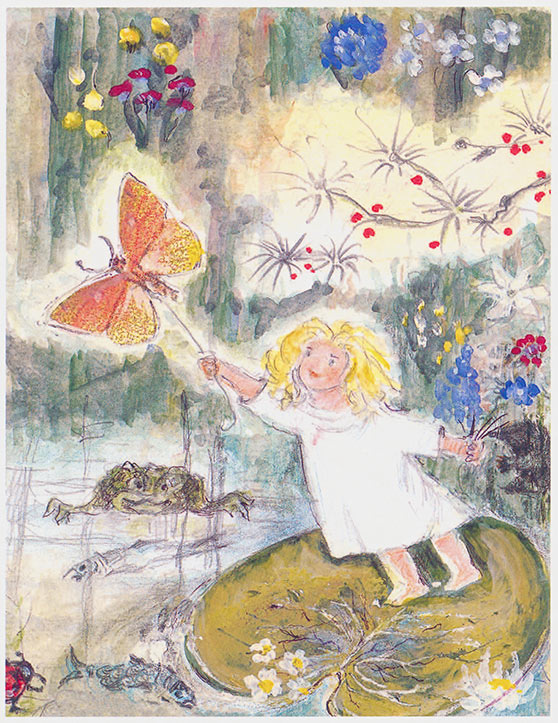 Akvarelillustration af Tommelise af Marius Guldager